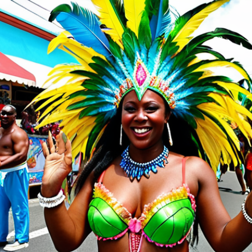 Home 4 **
"Vincy Mas carnival in Saint Vincent, vibrant street parade with people in colorful feathered costumes dancing to soca music, tropical sunshine, happy atmosphere, capturing the energy and excitement of Caribbean culture"
**