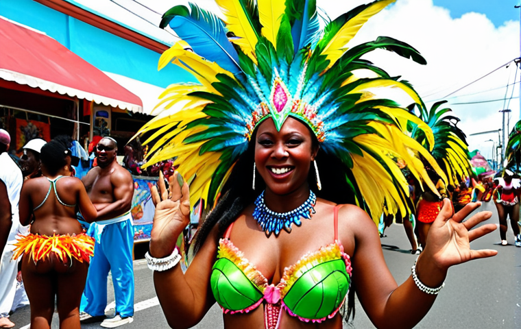 **
"Vincy Mas carnival in Saint Vincent, vibrant street parade with people in colorful feathered costumes dancing to soca music, tropical sunshine, happy atmosphere, capturing the energy and excitement of Caribbean culture"
**