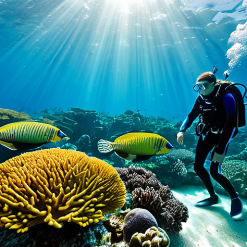 Home 17 A serene underwater scene depicting a vibrant coral reef in the crystal-clear turquoise waters of Saint Vincent and the Grenadines. Colorful tropical fish swim amongst the healthy corals, and a professional marine biologist, fully clothed in a modest diving suit, is carefully observing the ecosystem. Sunlight gently filters through the water from above. This image showcases marine conservation efforts, safe for work, appropriate content, fully clothed, professional, perfect anatomy, correct proportions, natural pose, well-formed hands, proper finger count, natural body proportions, high-quality professional photography, family-friendly.