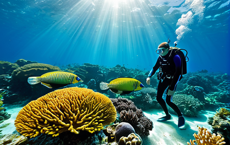A serene underwater scene depicting a vibrant coral reef in the crystal-clear turquoise waters of Saint Vincent and the Grenadines. Colorful tropical fish swim amongst the healthy corals, and a professional marine biologist, fully clothed in a modest diving suit, is carefully observing the ecosystem. Sunlight gently filters through the water from above. This image showcases marine conservation efforts, safe for work, appropriate content, fully clothed, professional, perfect anatomy, correct proportions, natural pose, well-formed hands, proper finger count, natural body proportions, high-quality professional photography, family-friendly.