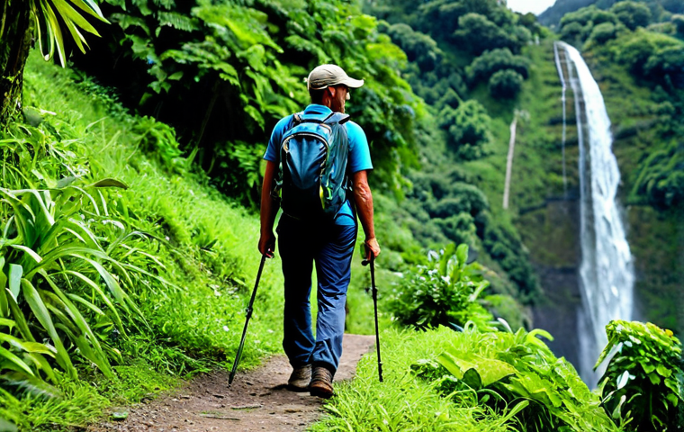 **

A professional hiker, fully clothed in appropriate outdoor gear, walking along a trail in Saint Vincent, with lush green vegetation and a distant waterfall in the background. Perfect anatomy, correct proportions, natural pose, safe for work, appropriate content, fully clothed, professional outdoor photography, high quality.

**