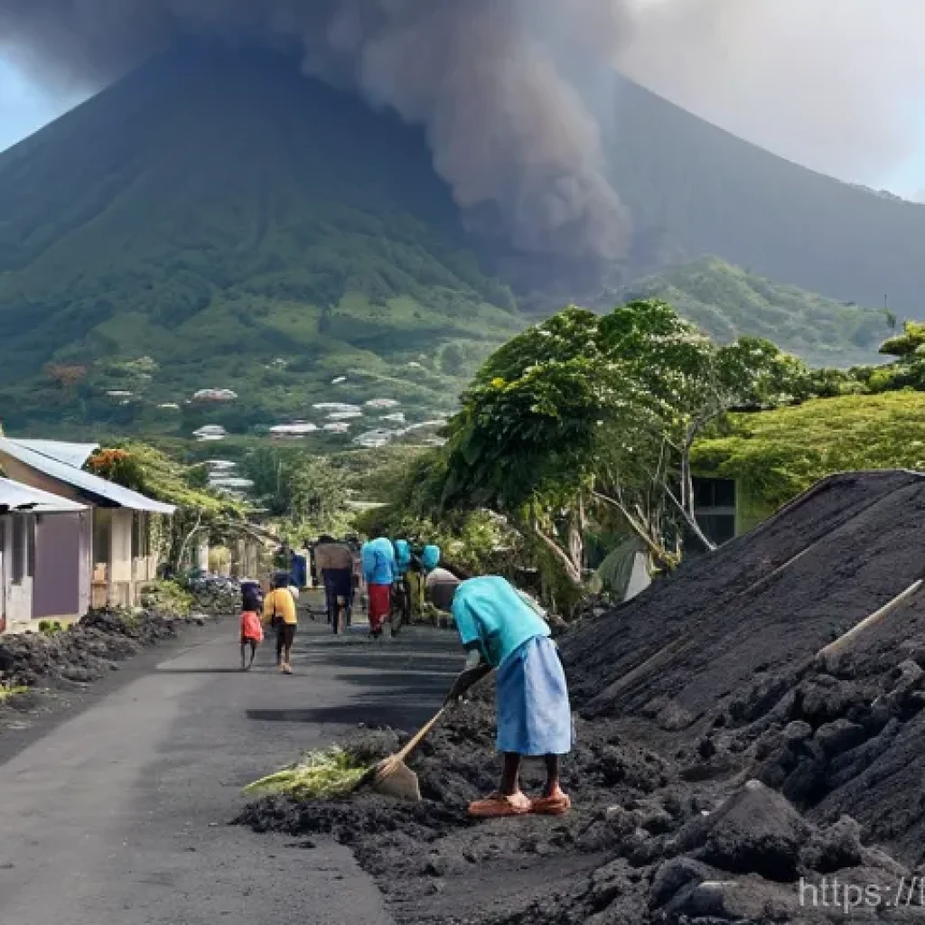 세인트빈센트 그레나딘에서 발생한 자연재해 역사 - **Prompt 1: Aftermath of La Soufrière's Eruption**
    A wide shot of a community on Saint Vincent I...