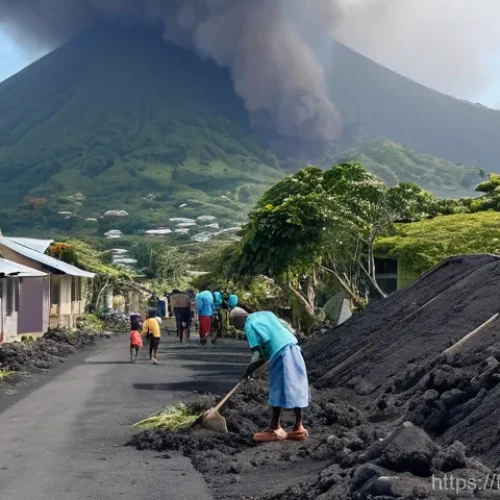 세인트빈센트 그레나딘에서 발생한 자연재해 역사 - **Prompt 1: Aftermath of La Soufrière's Eruption**
    A wide shot of a community on Saint Vincent I...