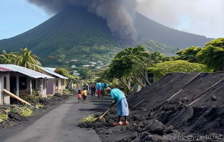 세인트빈센트 그레나딘에서 발생한 자연재해 역사 - **Prompt 1: Aftermath of La Soufrière's Eruption**
    A wide shot of a community on Saint Vincent I...