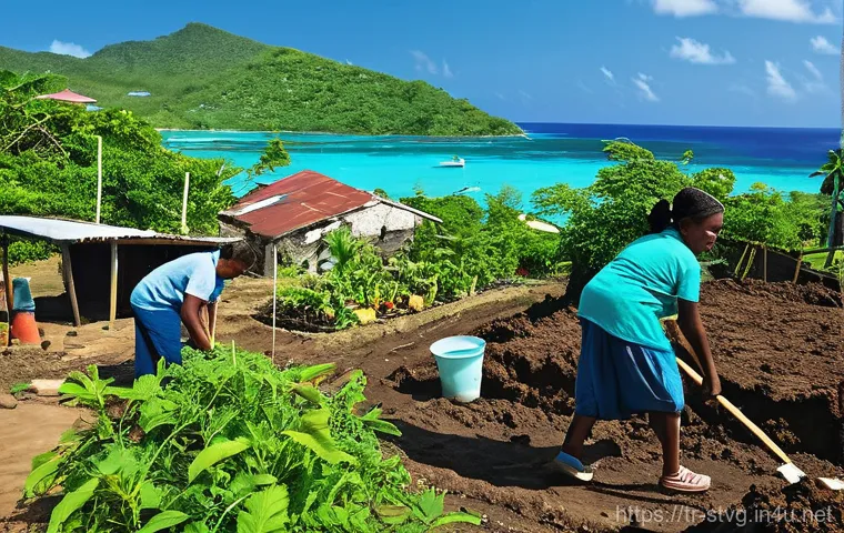 세인트빈센트 그레나딘에서 발생한 자연재해 역사 - **Prompt 1: Aftermath of La Soufrière's Eruption**
    A wide shot of a community on Saint Vincent I...